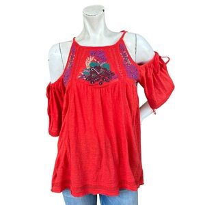 Free People Boho NWT Fast Time Red Beaded Cold Shoulder Floral Blouse Size Small